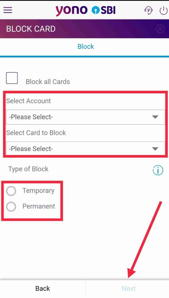 Select Account and Card number you wish to block