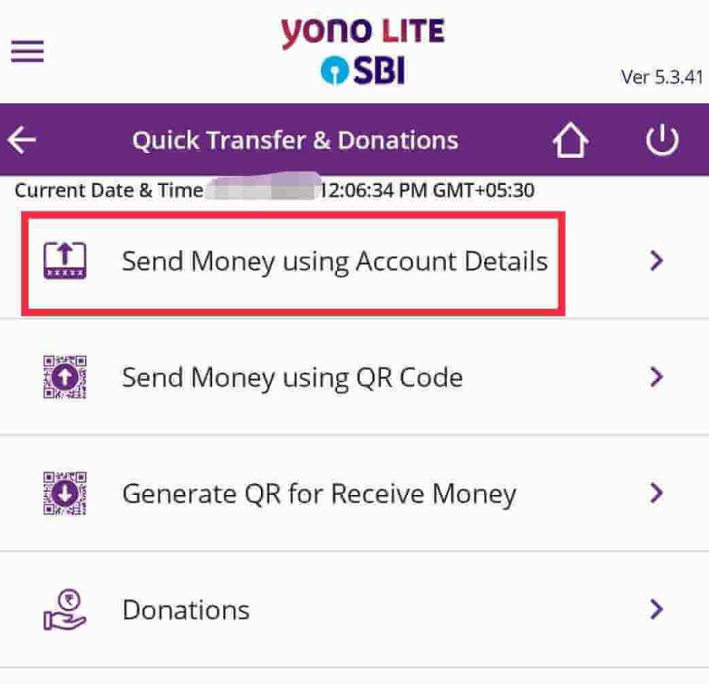 Click on Send Money using Account Details