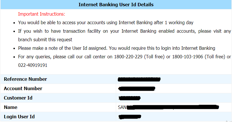 Internet Banking User ID details