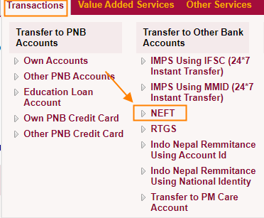 Transfer to Other Bank Using NEFT in PNB
