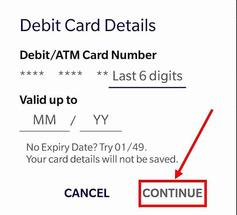 Enter card details and click on continue