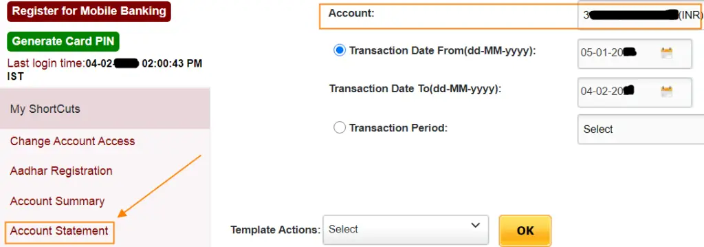 click on Account statement tab