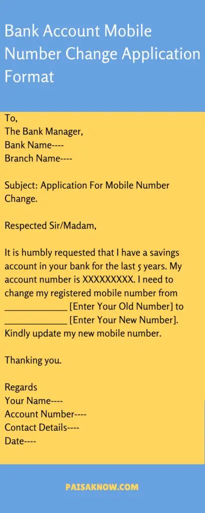 Bank Account Mobile Number Change Application Format