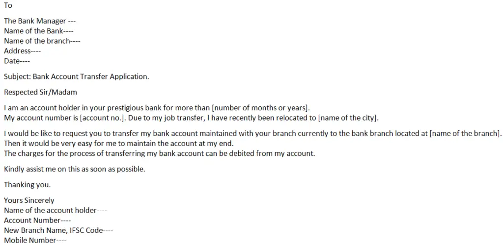 Bank Account transfer Application letter format