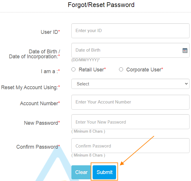 enter your Current User ID, DOB, select type of user (Retail or Corporate).