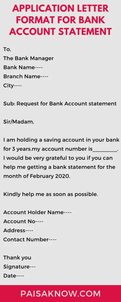 Application letter Format for Bank Account Statement