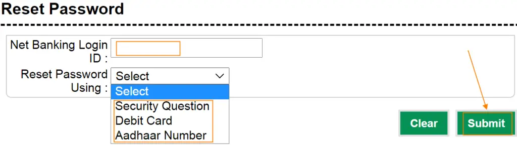 Enter Your Net Banking Login ID, select the option to reset the password from the drop-down, and click on the Submit