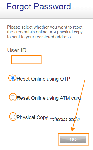 enter your User ID and select the option to Reset your Password i.e. Reset Online using OTP, Reset Online Using ATM Card, Physical copy