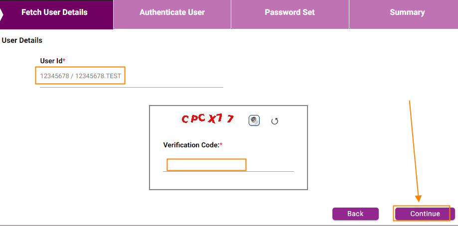 Now Enter your User ID, verification Code and click on the Continue button.