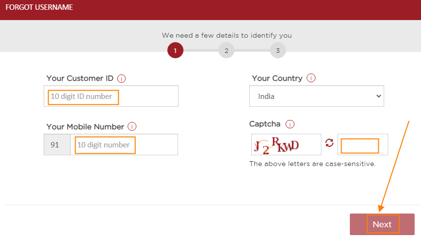 On the next page enter your Customer ID, Registered Mobile Number, Captcha, and click on the Next button.