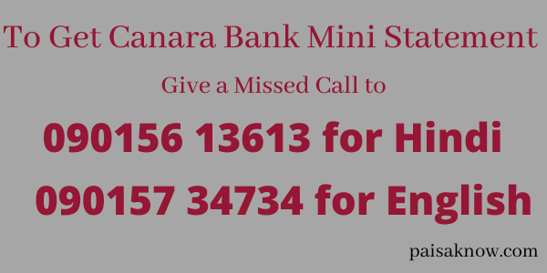 Get Canara Bank Mini Statement using Missed Call