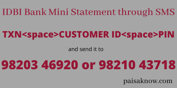 IDBI Bank Mini Statement through SMS