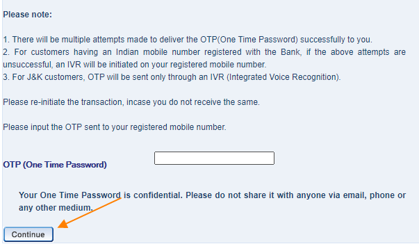 Enter the OTP received to your number and click on the Continue button.