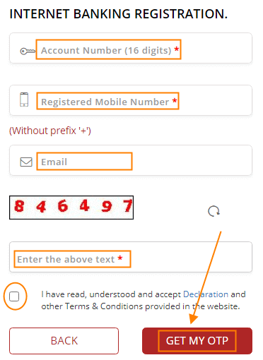 Enter your Account Number, Registered Mobile Number, Email ID, Captcha