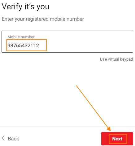 Now Enter your Registered Mobile Number with the Bank and click on the Next button.
