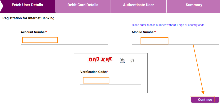 Enter your Account Number, Registered mobile number, Verification Code and click on the Continue button