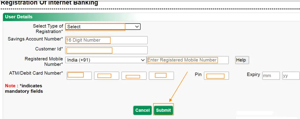 enter your Registered mobile number, ATM Debit Card Number, Card expiry date, ATM PIN, and click on the Submit button