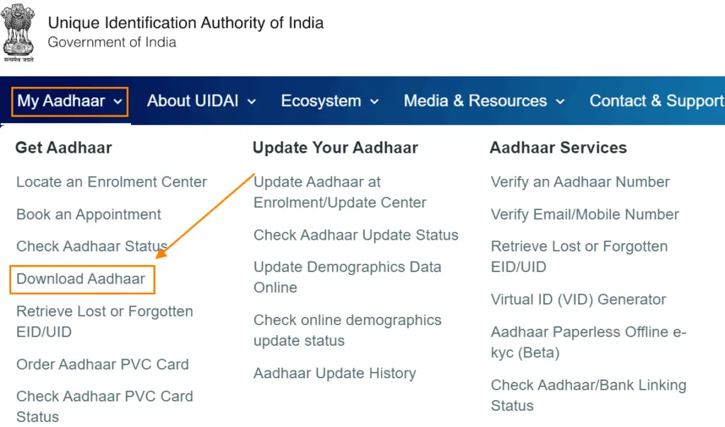 click on Download Aadhaar under My Aadhaar Dropdown Option