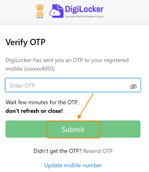 Enter the OTP and click on the Submit button