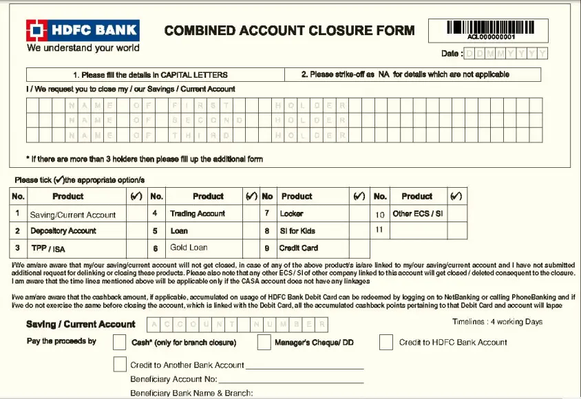 HDFC Account Closure Form