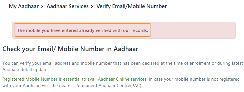 The mobile number you have entered already verified with our records