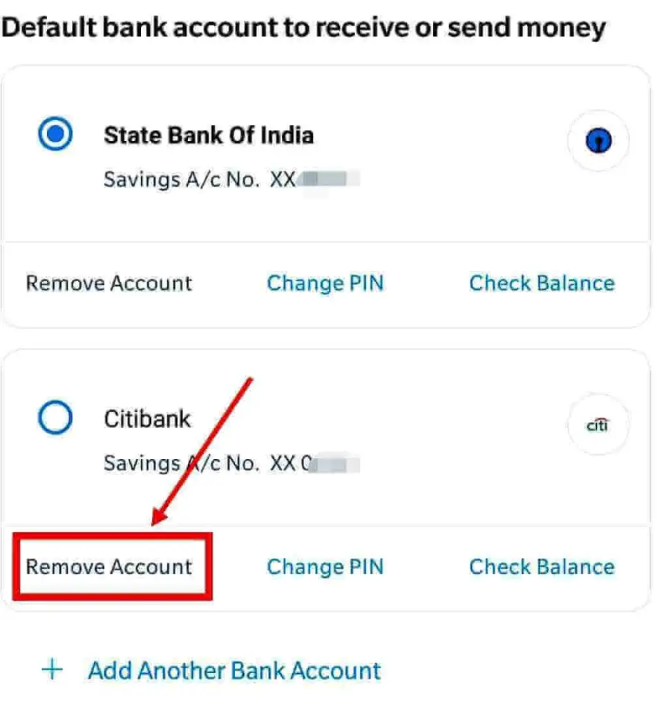click on the Remove Account link for the bank you want to remove.