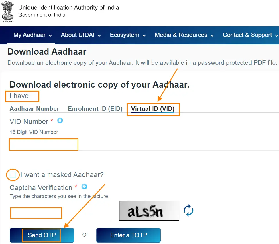 Enter your 16 digits Virtual ID Number, Check the box if you want to download masked Aadhaar