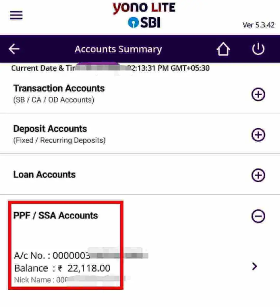 next page click on the + Symbol under the option PPF/SSA accounts