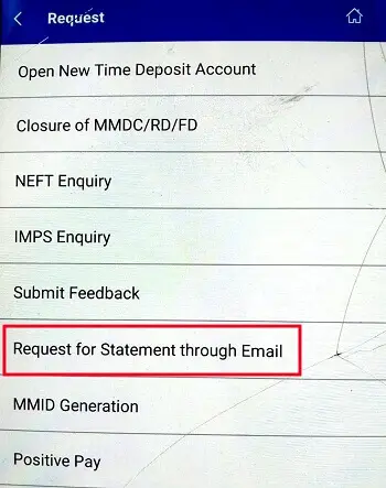 On the next screen tap on the option Request for Statement through Email.
