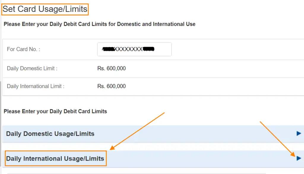 under Set Card Usage/Limits click on Daily International Usage/Limits arrow to expand