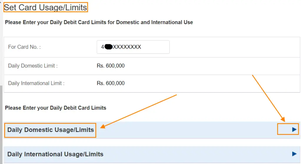 under Set Card Usage/Limits click on Daily Domestic Usage/Limits arrow to expand