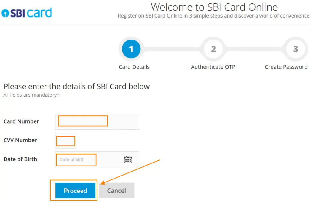 enter your Credit Card number, CVV Number, DOB and click on the Proceed button