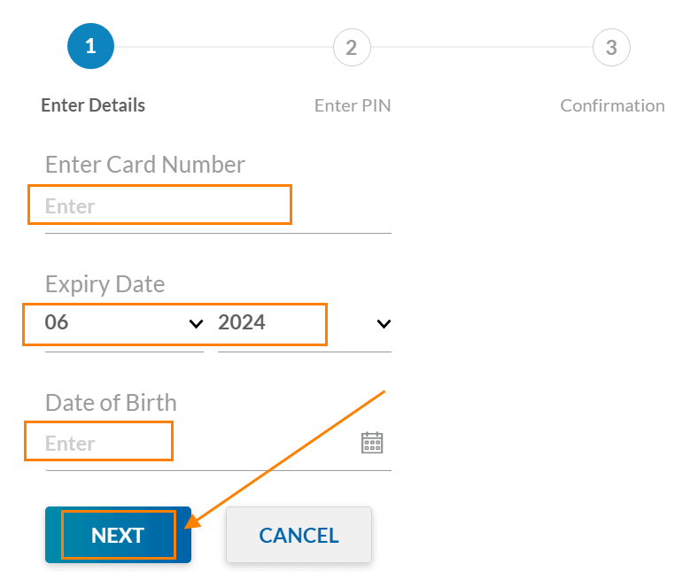 Enter your Credit Card Number, Expiry Date & year, Date of Birth and click on the Next button.
