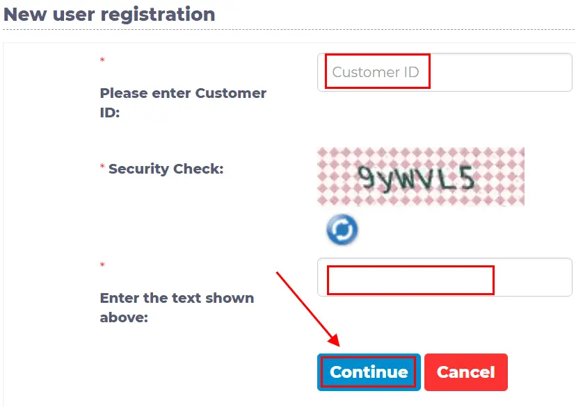 On the  next page enter your Customer ID, Captcha and click on the Continue button